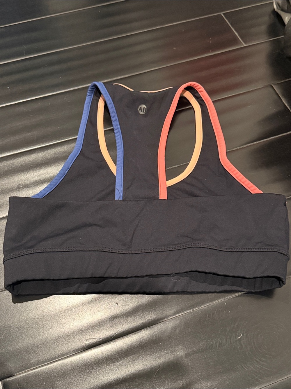 ALL ACCESS Black Sports Bra with Peach, Coral and Blue Trim - Picture 2 of 3